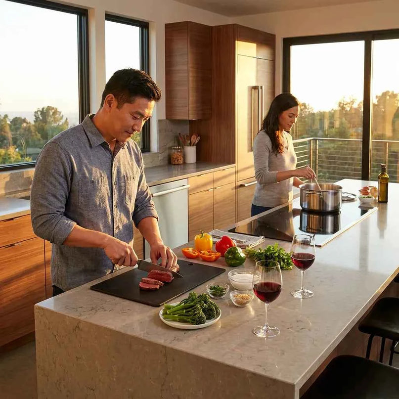 Man cuts meat on a black cutting board in a modern kitchen with fresh vegetables and red wine.