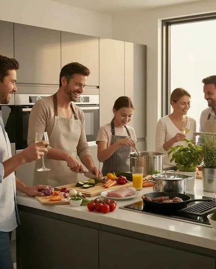 Family cooks together in a modern kitchen with a wooden cutting board, fresh vegetables, and meat.