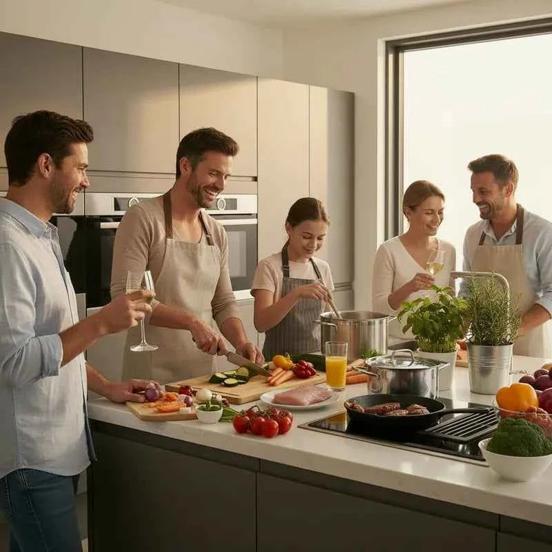 Family cooks together in a modern kitchen with a wooden cutting board, fresh vegetables, and meat.