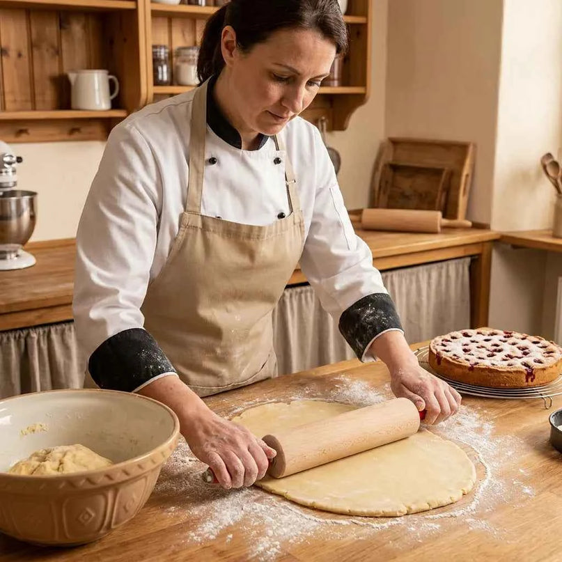 Chef rolls out dough on wooden board – sustainable cutting board for the kitchen