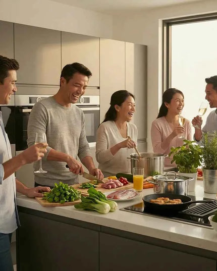 Friends cook together in a modern kitchen with fresh vegetables and a cutting board.